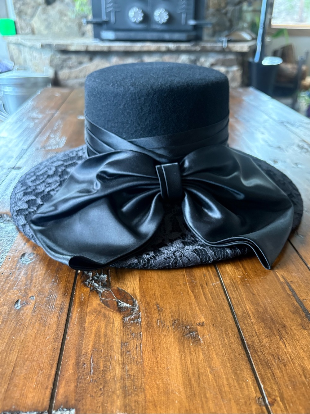 Black Lace Brim Women's Dress Hat with Satin Bow